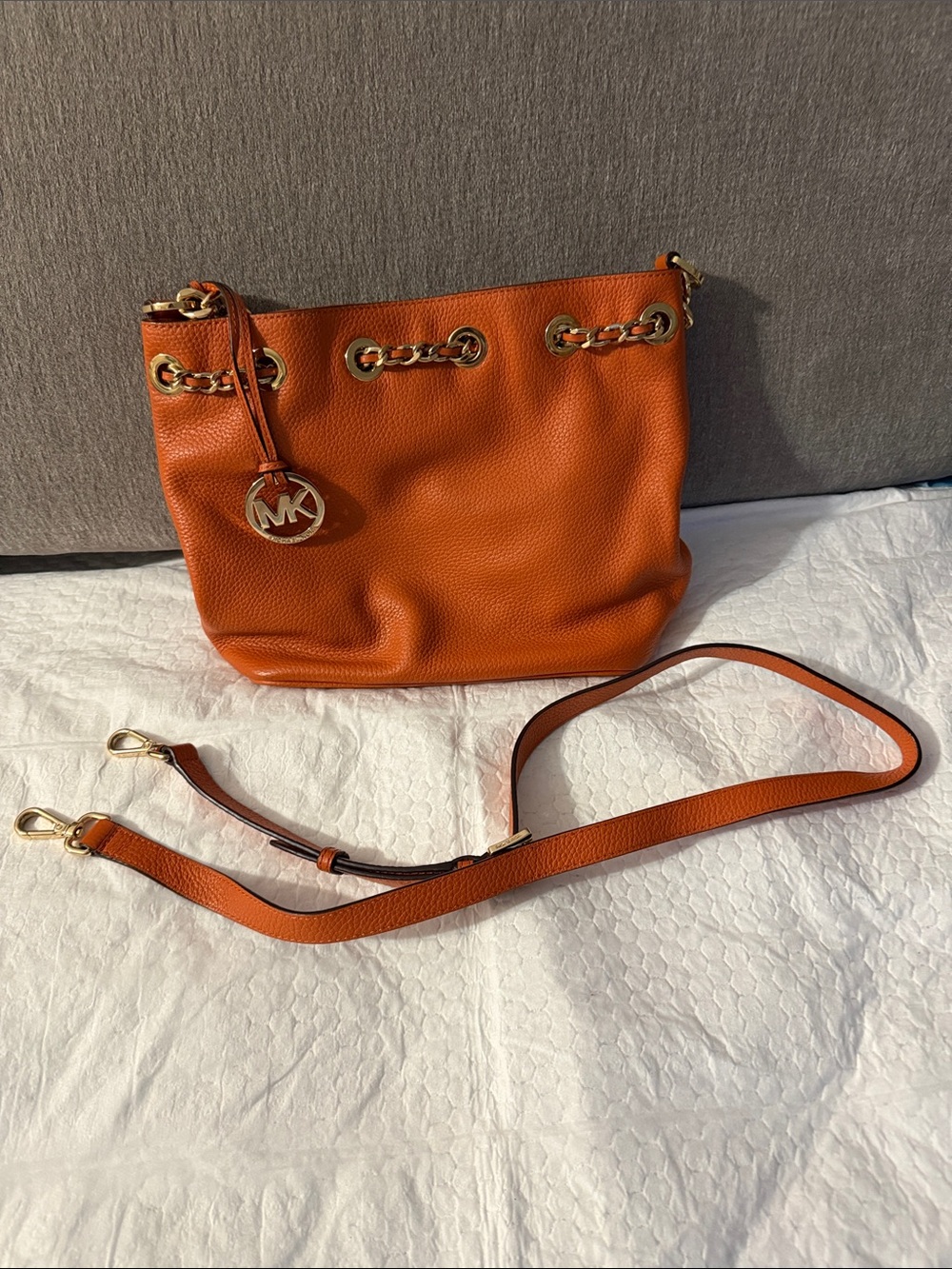 Michael Kors Orange Pebbled Leather Bucket Shoulder Bag with Gold Hardware